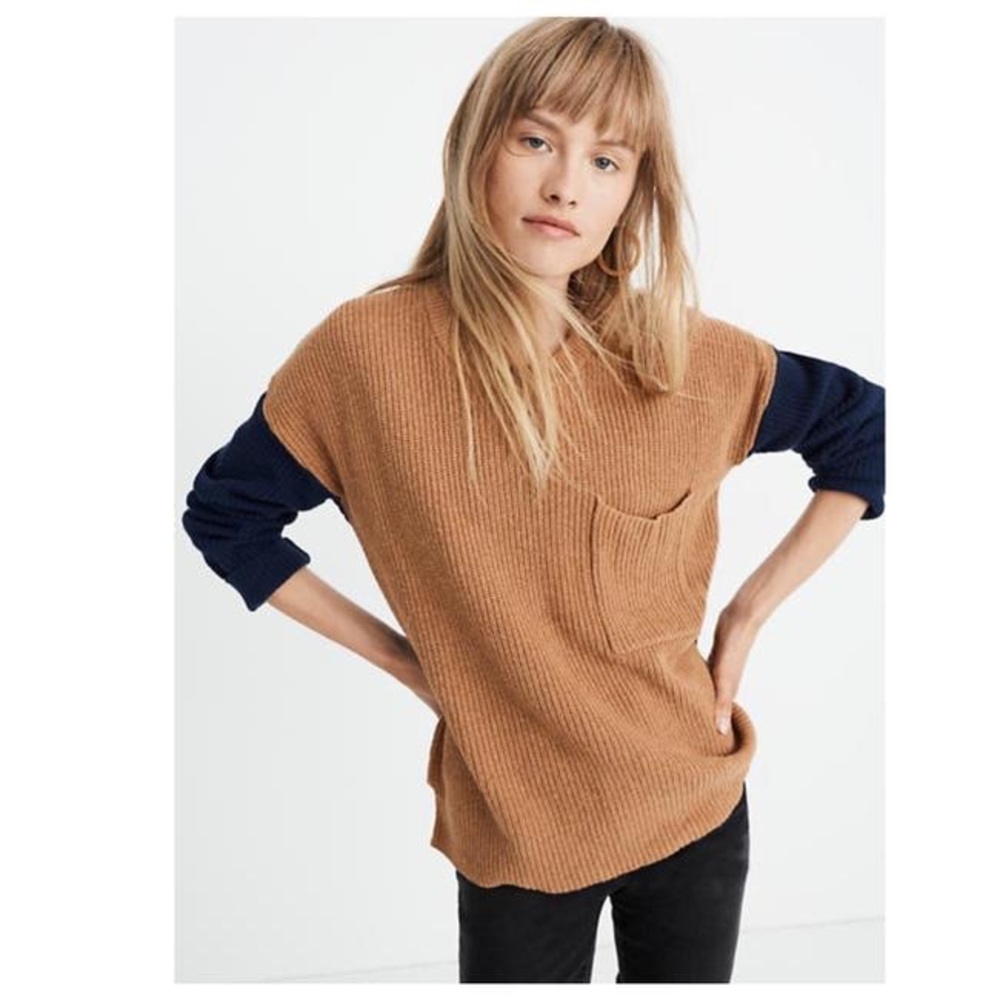 NWT $75 Madewell Thompson Pocket Pullover Colorblock Sweater Heather Timber XS